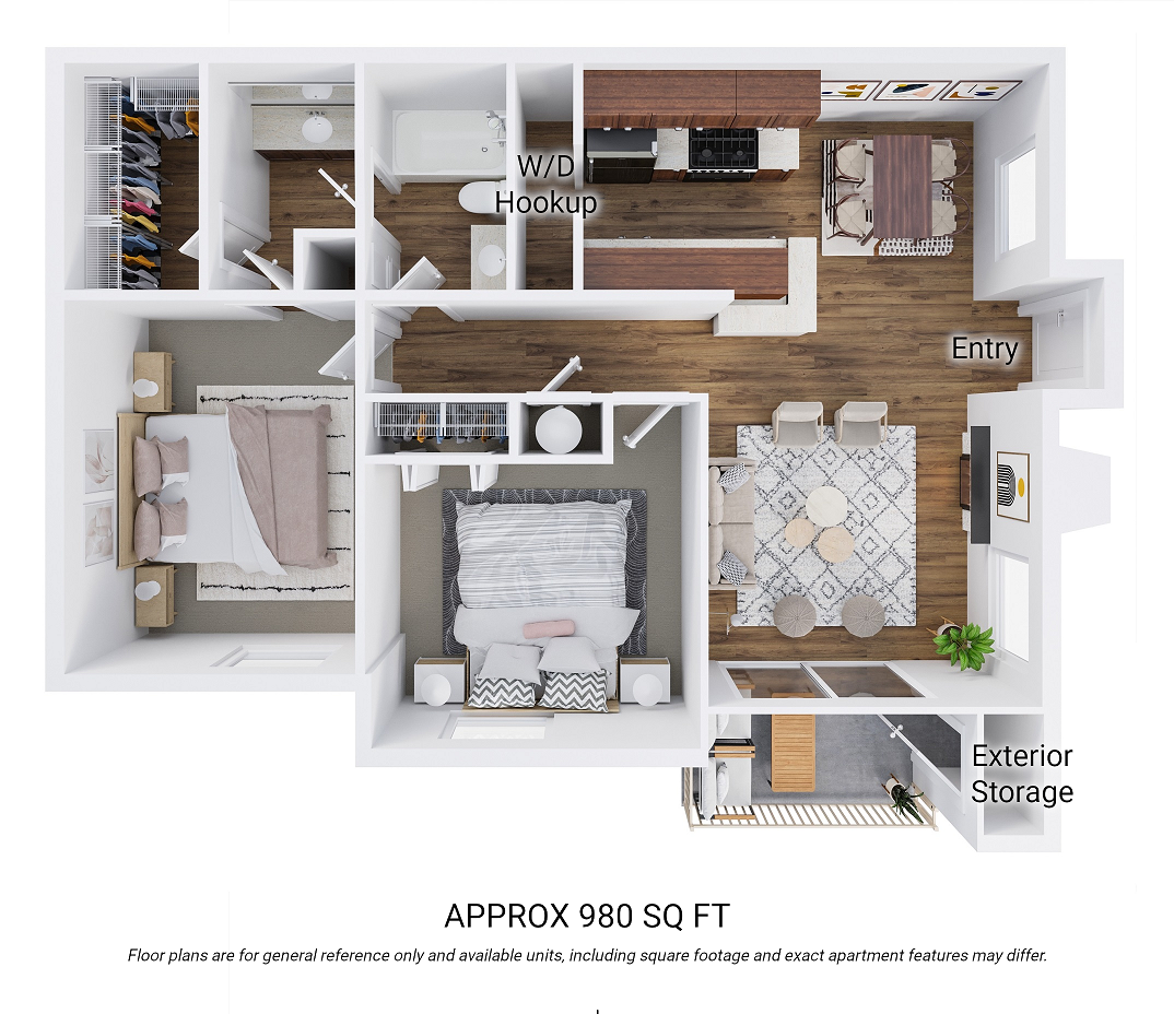 Floor plan for 2 beds, 1 bath, 980 sqft